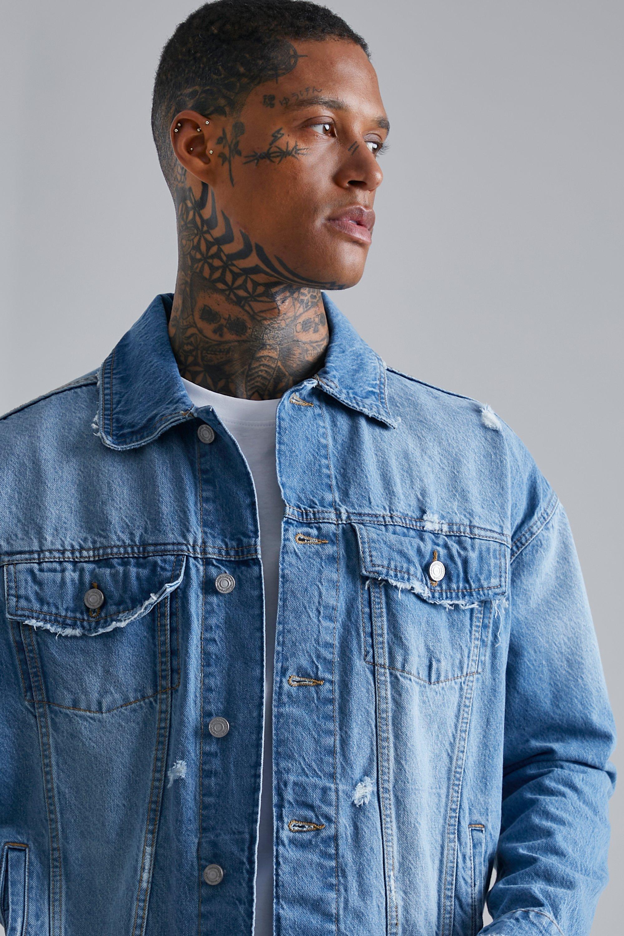 Mens light wash deals distressed denim jacket